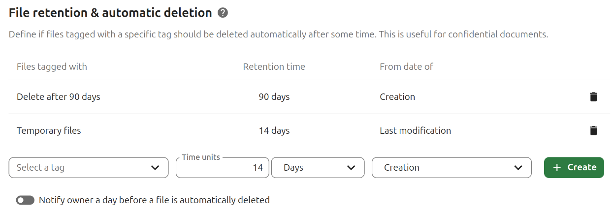 Sample rule to delete files after 14 days after creation.